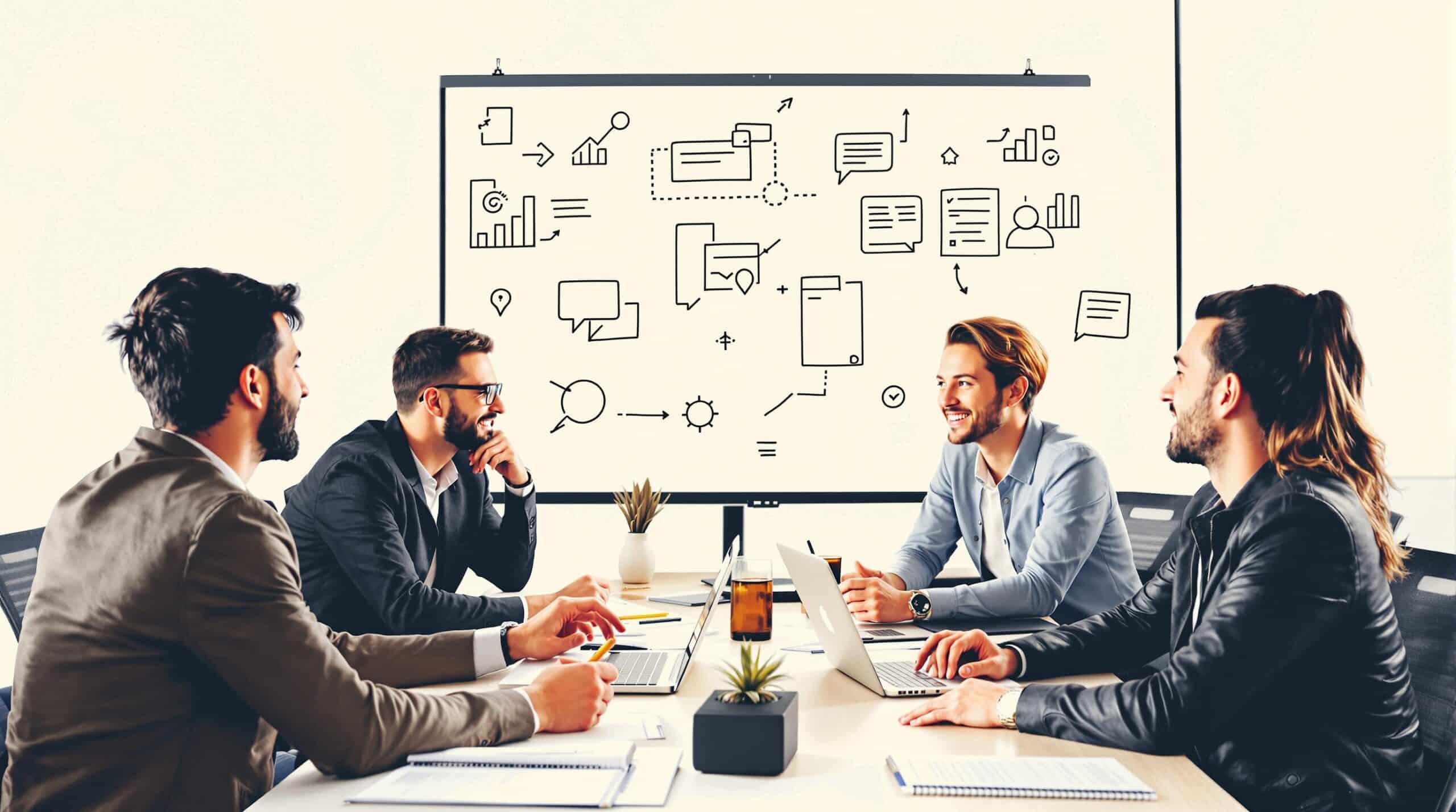 Een groep marketeers brainstormt over effectieve longtail zoekwoorden voor online marketing.