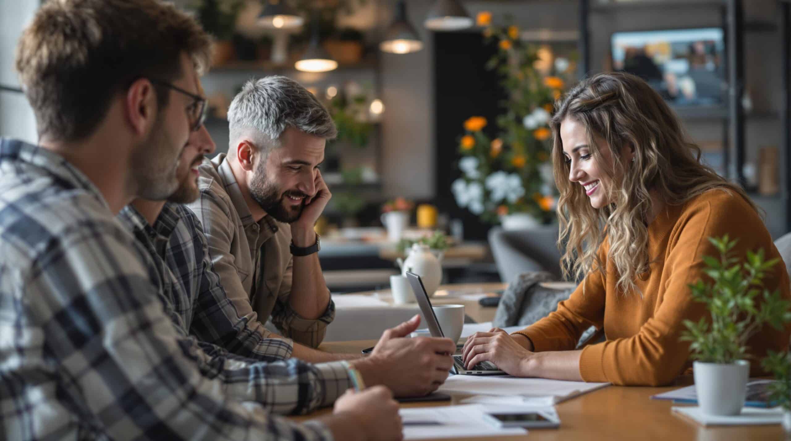 Een groep mensen die samen een online marketingcursus bekijken terwijl ze aantekeningen maken.