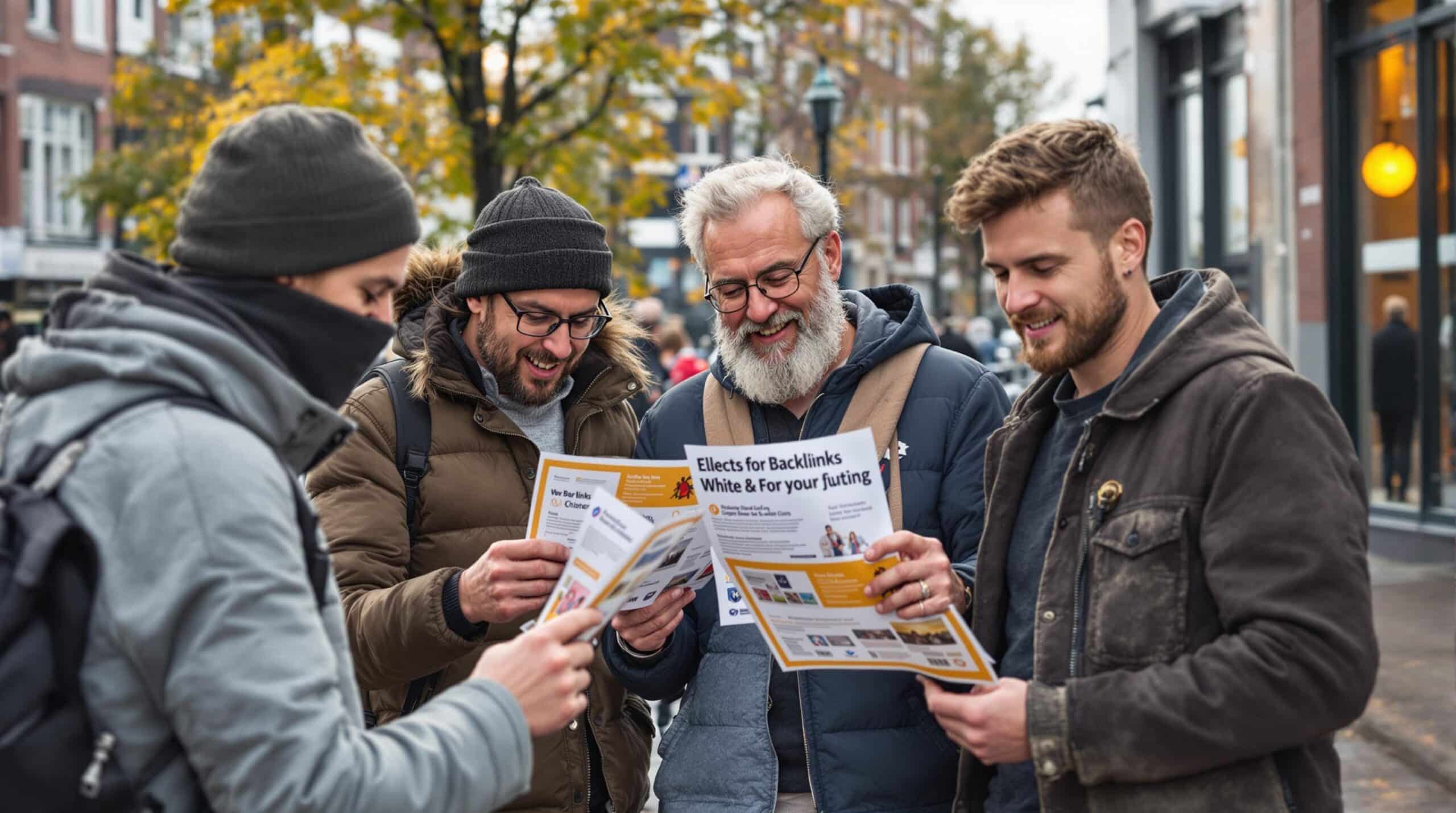 Een groep mensen die samen flyers uitdelen in de buurt om lokale backlinks te verkrijgen voor lokale SEO-versterking.