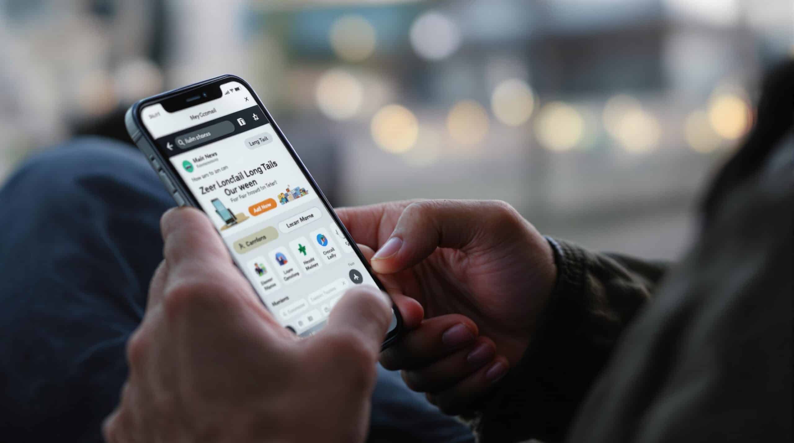 Een persoon die op een smartphone surft en longtail zoekwoorden op mobiele websites aan het intypen is.